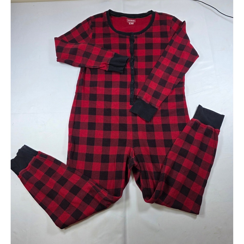 LL Bean Buffalo Plaid Union Suit Red Black Waffle Knit Thermal XL Reg Pajamas